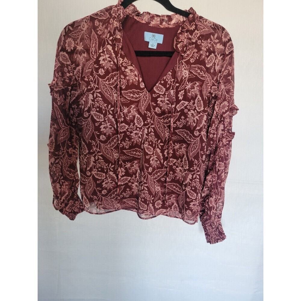 CECE Women's Burgundy Paisley Blouse Ruffled Sleeves  Size  XS